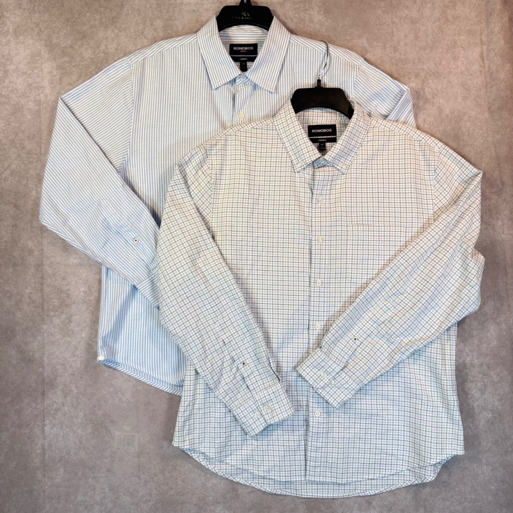 Bonobos Button Down Shirts Men L Short Blue White Stripe Plaid Standard Fit 2pk